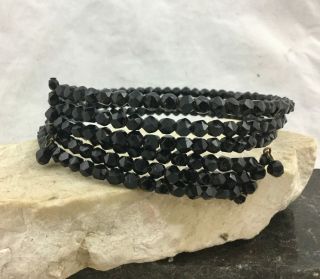 Vintage Triple Strand Beaded Memory Wire Spiral Open Choker Faceted Black Beads
