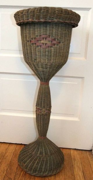 Vintage 32 " Tall Wicker Plant Stand,  8 " Planter Holder,  Woven,  Old Green Paint