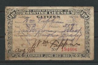 1919 - 20 State Of California Hunting License - Wallet Stain/creased - Fine