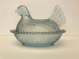 Vintage Indiana Pale Blue Beaded Glass " Nesting Hen " Chicken Covered Dish