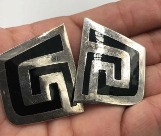 Vintage Sterling Silver Large Black Onyx Inlay Mexico Clip On Earrings E243
