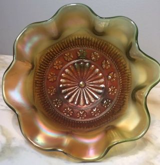 Vintage Northwood Rosette Green Iridescent Carnival Glass Bowl