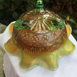 Vintage Northwood Rosette Green Iridescent Carnival Glass Bowl 3