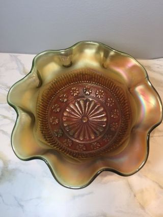 Vintage Northwood Rosette Green Iridescent Carnival Glass Bowl 4