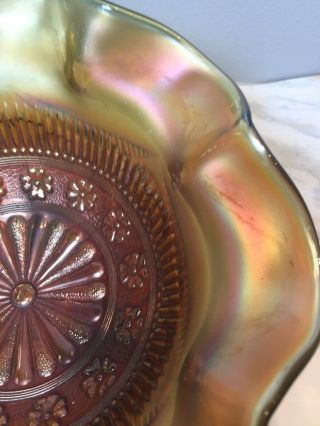 Vintage Northwood Rosette Green Iridescent Carnival Glass Bowl 5