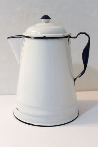 Vintage White With Cobalt Blue Trim Enamelware Coffee Pot,  Primitive Farmhouse