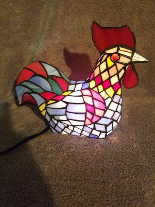 Vintage Mosaic Stained Glass Chicken / Rooster Accent Table Lamp 9 " Tall