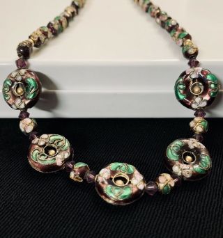 Vtg Purple Chinese Cloisonne Enamel Bead Necklace With 14k Gold Filled Clasp 19”