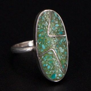 Vtg Sterling Silver - Navajo Crushed Turquoise Inlay Oval Ring Size 4.  5 - 2.  5g