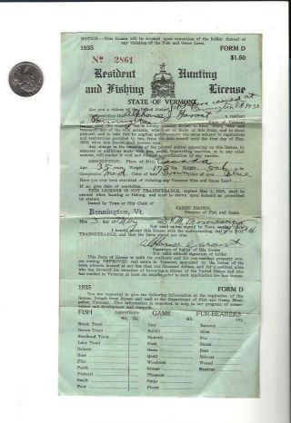 State Of Vermont Hunting And Fishing License 1935