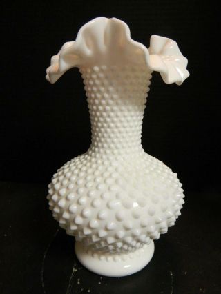 Vintage Fenton Hobnail Ruffled Edge White Milk Glass Vase 10.  75 