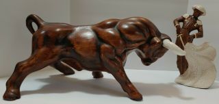 Bull Fighting Matador W/ Angry Bull Vintage Ceramic Brown W/ White Crackle Glaze