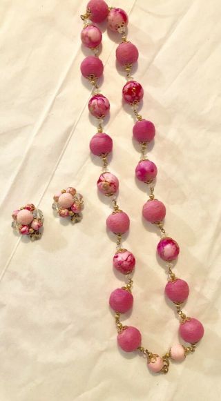 Vintage 1950 ' s Pink Cluster Faux Pearl Necklace and Matching Earring Set 2