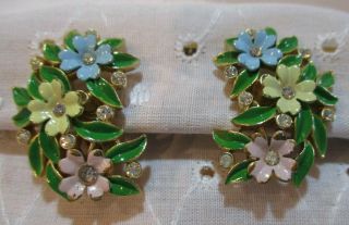 Vintage Trifari Clip Earrings Rhinestone Enamel Pink Blue Yellow & Green Flowers