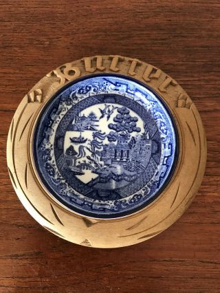Vintage Blue Willow Butter Dish With Wooden Base