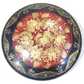 Vintage Hand Painted Russian Fedoskino Red Black Gold Floral Round Signed Brooch