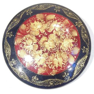 Vintage hand painted Russian Fedoskino red black gold floral round signed brooch 2