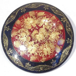 Vintage hand painted Russian Fedoskino red black gold floral round signed brooch 3