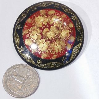 Vintage hand painted Russian Fedoskino red black gold floral round signed brooch 4