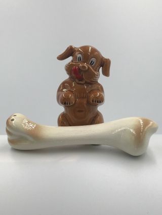 Vintage Salt And Pepper Shakers - A Hungry Puppy Dog And His Bone