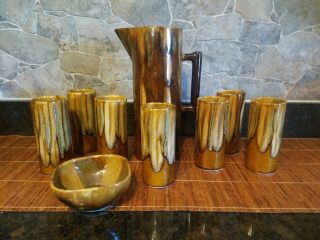 Vintage Dryden Pottery Chimney Pitcher & 7 Glasses,  Bowl Brown Drip Glaze Mcm