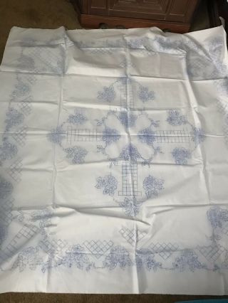 Vtg 55x57 Linen Hungarian Tablecloth To Embroider Roses Center & Border Blocks