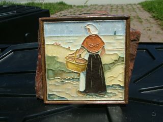 Vintage Delft Porceleyne Fles Cloisonne Tile Woman With Basket Ocean