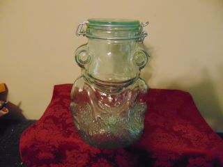 Cute Large Vtg Green Glass Frog Canister Cookie Jar Made In Italy Locking Lid 9 "