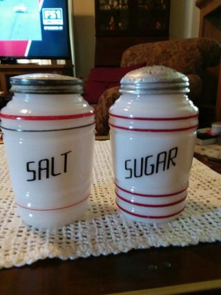 Vintage Ribbed Red Stripped Milk Glass Sugar And Salt Shakers
