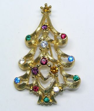 Vintage Christmas Tree Brooch Gold Tone Multi Color Rhinestones Signed Monet