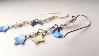 Vtg Holly Yashi Blue Moon And Star Sterling Silver Long Drop Pierce Earrings