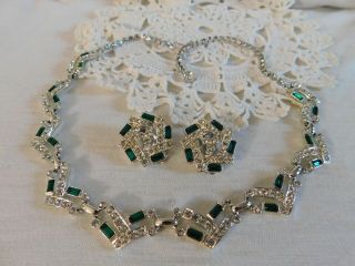 Vintage Emerald Green And Clear Rhinestone Necklace And Earrings Set Coventry