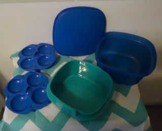Tupperware Vtg 5 Piece Microwave Steamer Lid Insert 888 Blue And Green