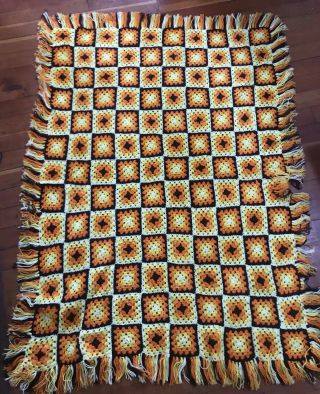 Vintage Hand Made Crochet Granny Square Afghan W/ Fringe Throw Blanket 54” X 70”