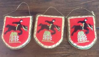 Three Vintage Equestrian Horse Jumping Embroidered Fabric Christmas Ornaments