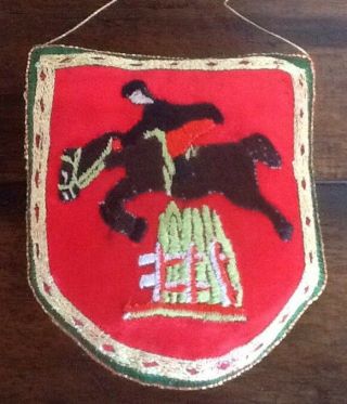 Three Vintage Equestrian Horse Jumping Embroidered Fabric Christmas Ornaments 3