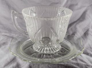 Vintage Depression Glass Jeannette Iris Clear Cup & Saucer Set Dmej