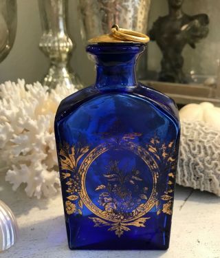 Vintage Cobalt Blue Glass Apothecary Vanity Jar Gold Gilt Design
