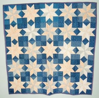 Vintage Quilt Wall Hanging In Navy Blue/pale Orange 46 Inches Square 8 Pt Square