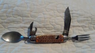 Vtg Colonial Prov.  Usa Stainless Pocket Knife W/spoon & Fork Camping/hobo Knife