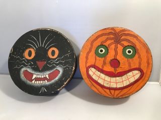 2 Vintage Rick Conant Primative Style Folk Art Halloween 1990 Cat Pumpkin Boxes