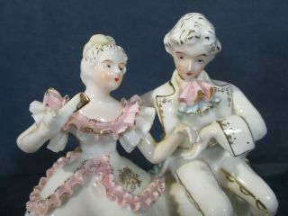 Victorian Couple Figurine Man Woman Courting Japan Ruffled Dress Vtg Porcelain
