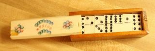 Vintage Mid Century Mexican Hand Carved Bone Dominos In Wood & Bone Box