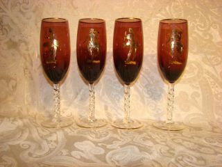 Vintage Purple Amethyst Flute Champagne Glasses Set Of 4 Gold Trim And Accents