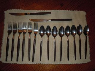 Vtg 16 Pc.  Ekco Eterna Canoe Muffin Spoons Forks Knives Brown Handle Mid Century