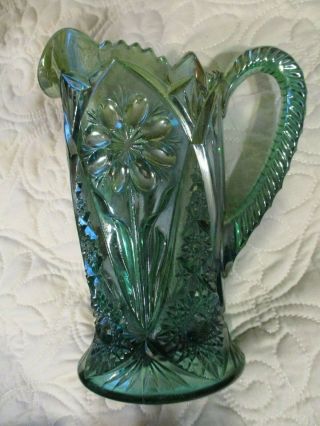 Vtg Green Carnival Glass 7 " Pitcher Field Flower Pattern Iridescent