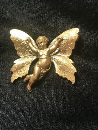 Vintage Gold Plated Kirk Folly Butterfly Cherub Angel Brooch Pin