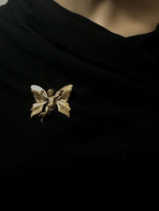 Vintage Gold plated Kirk Folly Butterfly Cherub Angel Brooch Pin 4