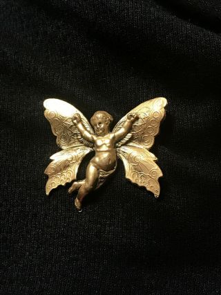 Vintage Gold plated Kirk Folly Butterfly Cherub Angel Brooch Pin 7