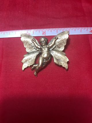 Vintage Gold plated Kirk Folly Butterfly Cherub Angel Brooch Pin 8